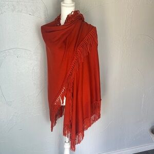 Boho Fringed Open-Front Shawl Wrap – Rust Orange